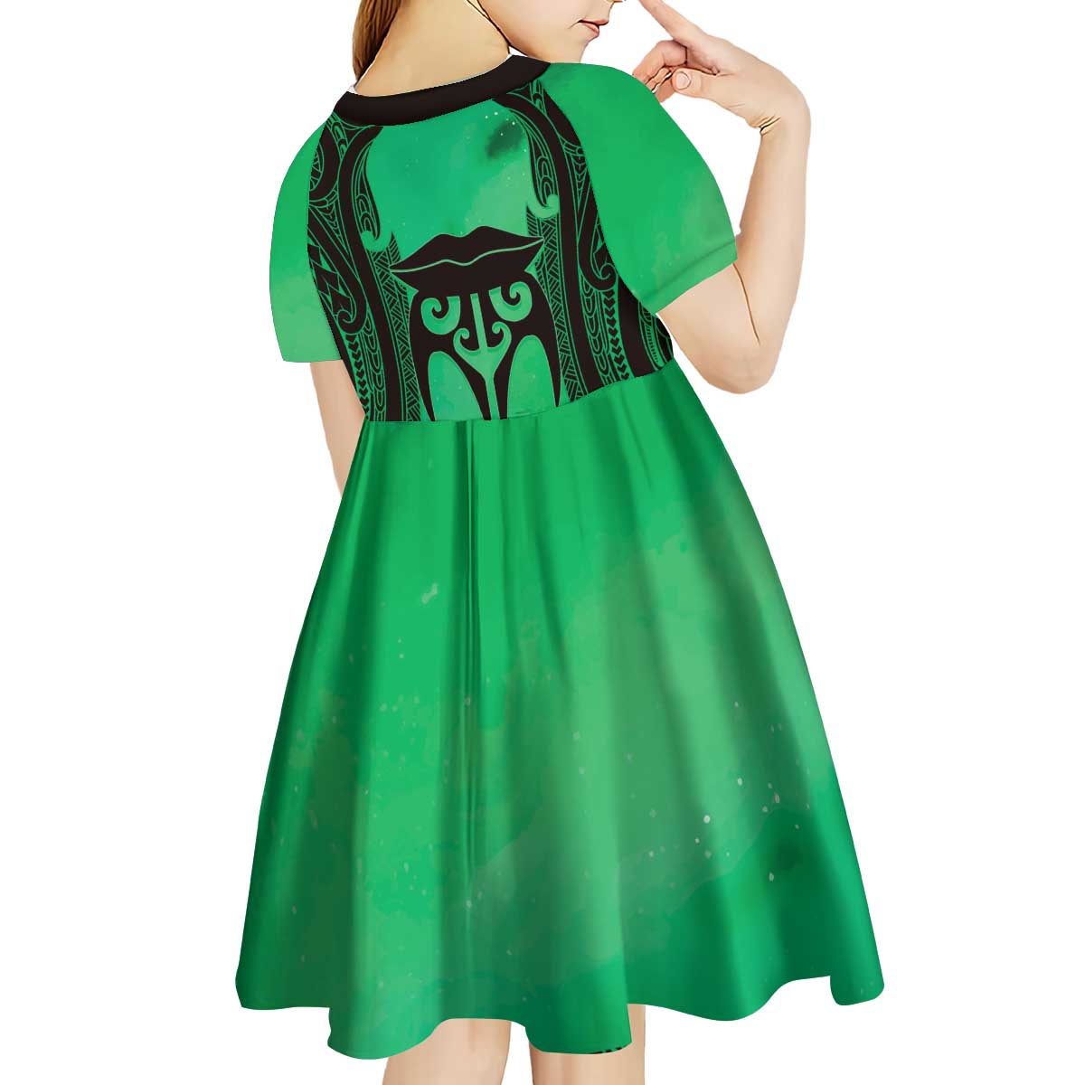 Personalised Moko Kauae New Zealand Kid Short Sleeve Dress Maori Chin Tattoo Green LT14 - Polynesian Pride