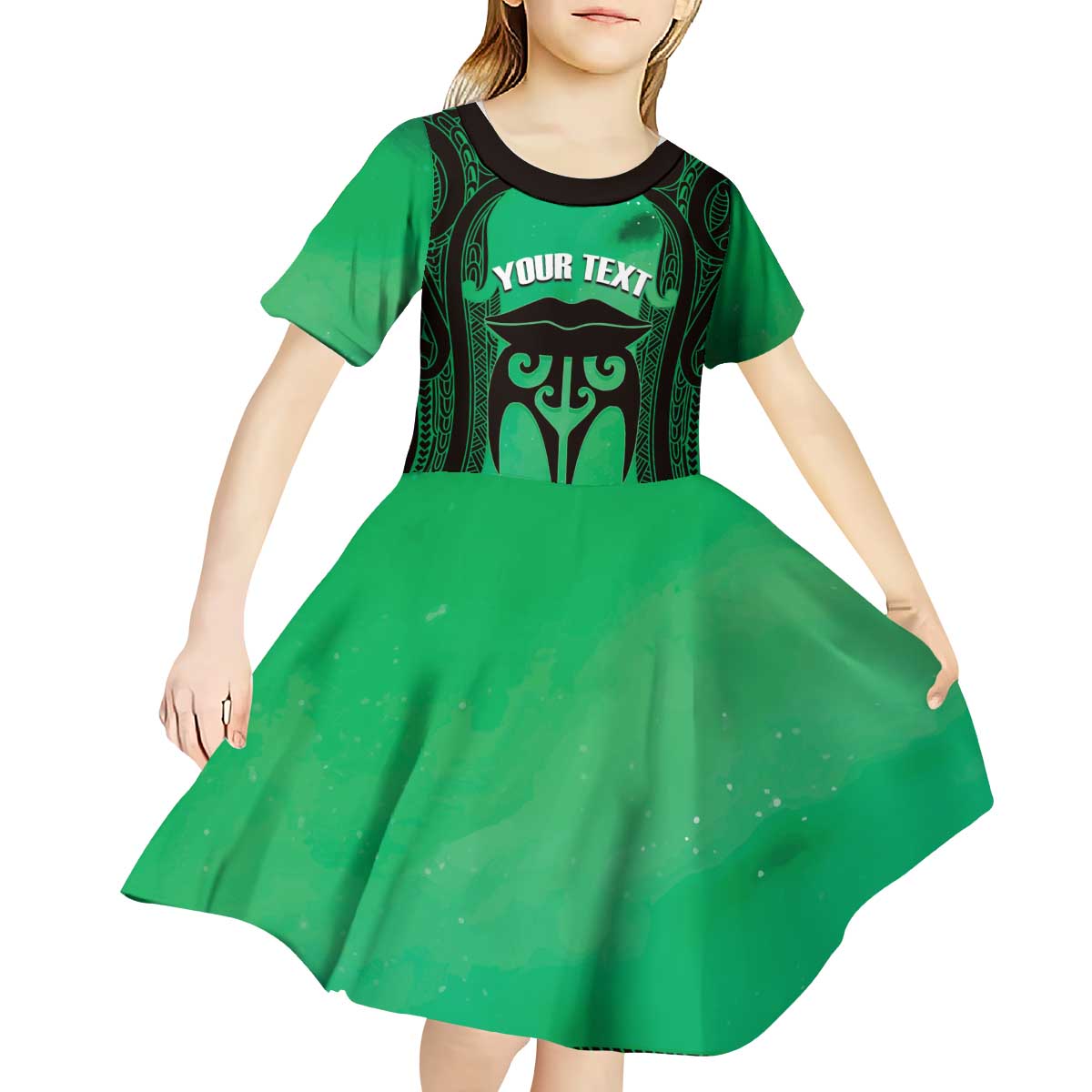 Personalised Moko Kauae New Zealand Kid Short Sleeve Dress Maori Chin Tattoo Green LT14 - Polynesian Pride