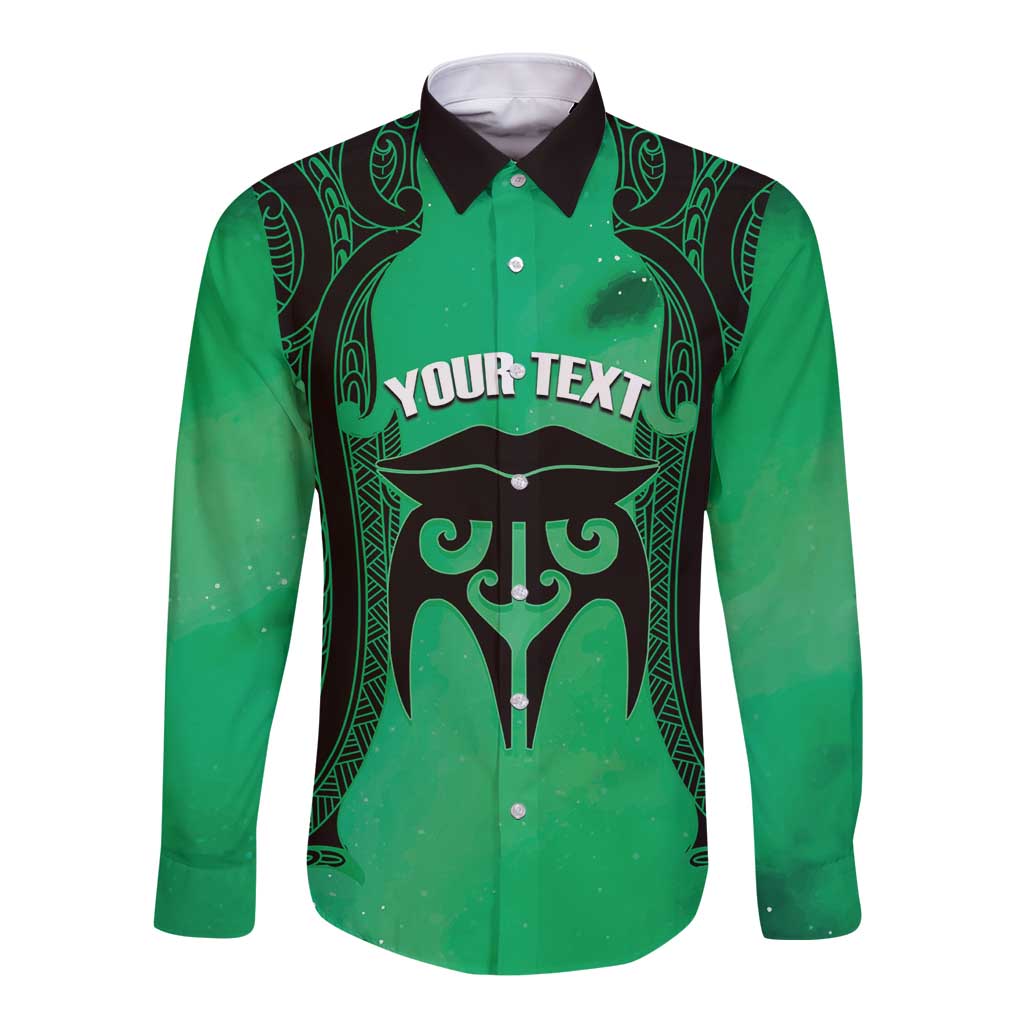 Personalised Moko Kauae New Zealand Long Sleeve Button Shirt Maori Chin Tattoo Green LT14 Unisex Green - Polynesian Pride