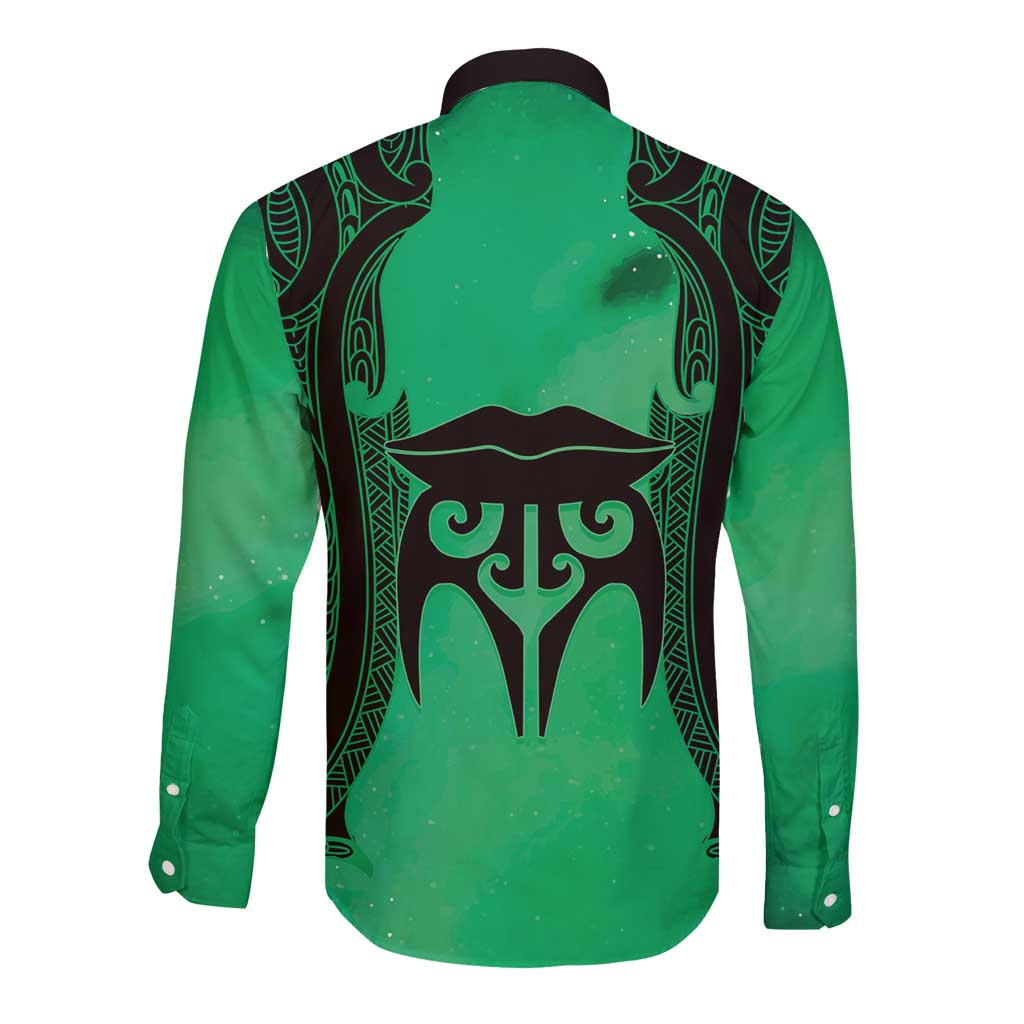 Personalised Moko Kauae New Zealand Long Sleeve Button Shirt Maori Chin Tattoo Green LT14 - Polynesian Pride
