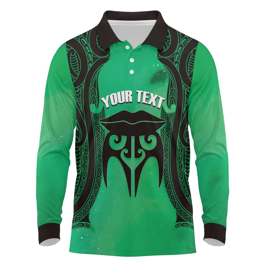 Personalised Moko Kauae New Zealand Long Sleeve Polo Shirt Maori Chin Tattoo Green LT14 Green - Polynesian Pride