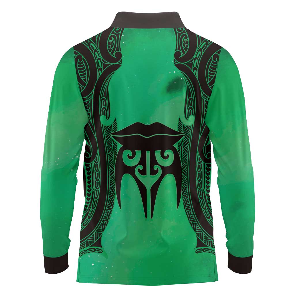 Personalised Moko Kauae New Zealand Long Sleeve Polo Shirt Maori Chin Tattoo Green LT14 - Polynesian Pride