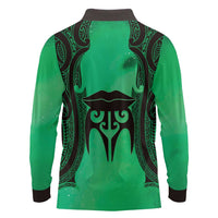 Personalised Moko Kauae New Zealand Long Sleeve Polo Shirt Maori Chin Tattoo Green LT14 - Polynesian Pride