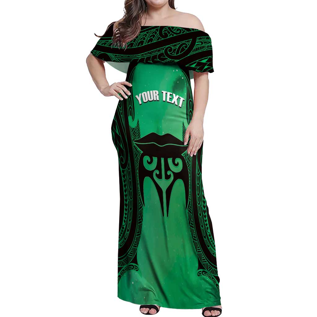 Personalised Moko Kauae New Zealand Off Shoulder Maxi Dress Maori Chin Tattoo Green LT14 Women Green - Polynesian Pride