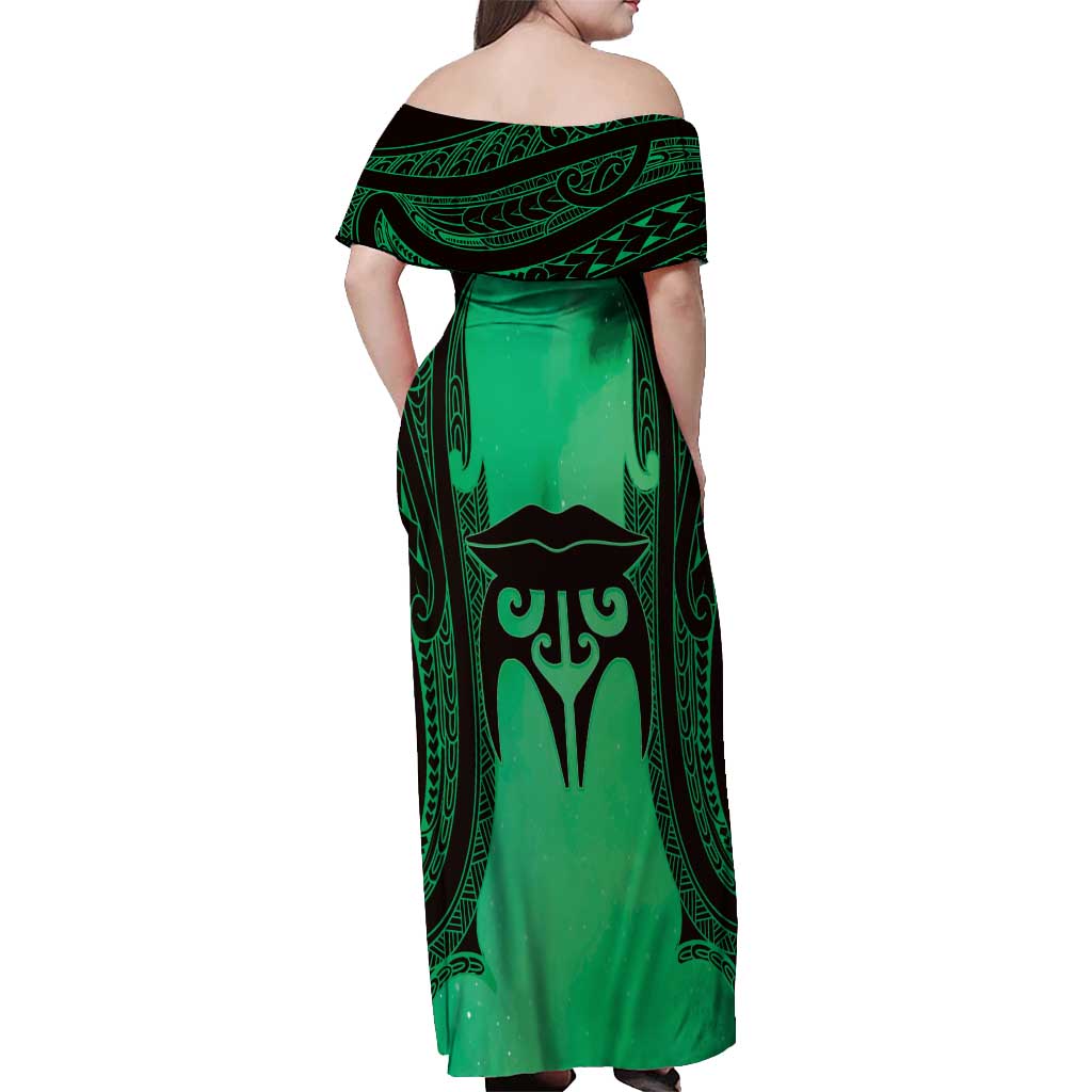 Personalised Moko Kauae New Zealand Off Shoulder Maxi Dress Maori Chin Tattoo Green LT14 - Polynesian Pride