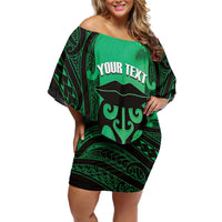 Personalised Moko Kauae New Zealand Off Shoulder Short Dress Maori Chin Tattoo Green LT14 Women Green - Polynesian Pride