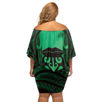 Personalised Moko Kauae New Zealand Off Shoulder Short Dress Maori Chin Tattoo Green LT14 - Polynesian Pride