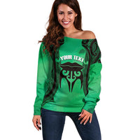Personalised Moko Kauae New Zealand Off Shoulder Sweater Maori Chin Tattoo Green LT14 Women Green - Polynesian Pride