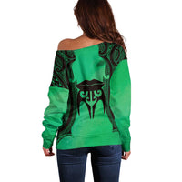Personalised Moko Kauae New Zealand Off Shoulder Sweater Maori Chin Tattoo Green LT14 - Polynesian Pride