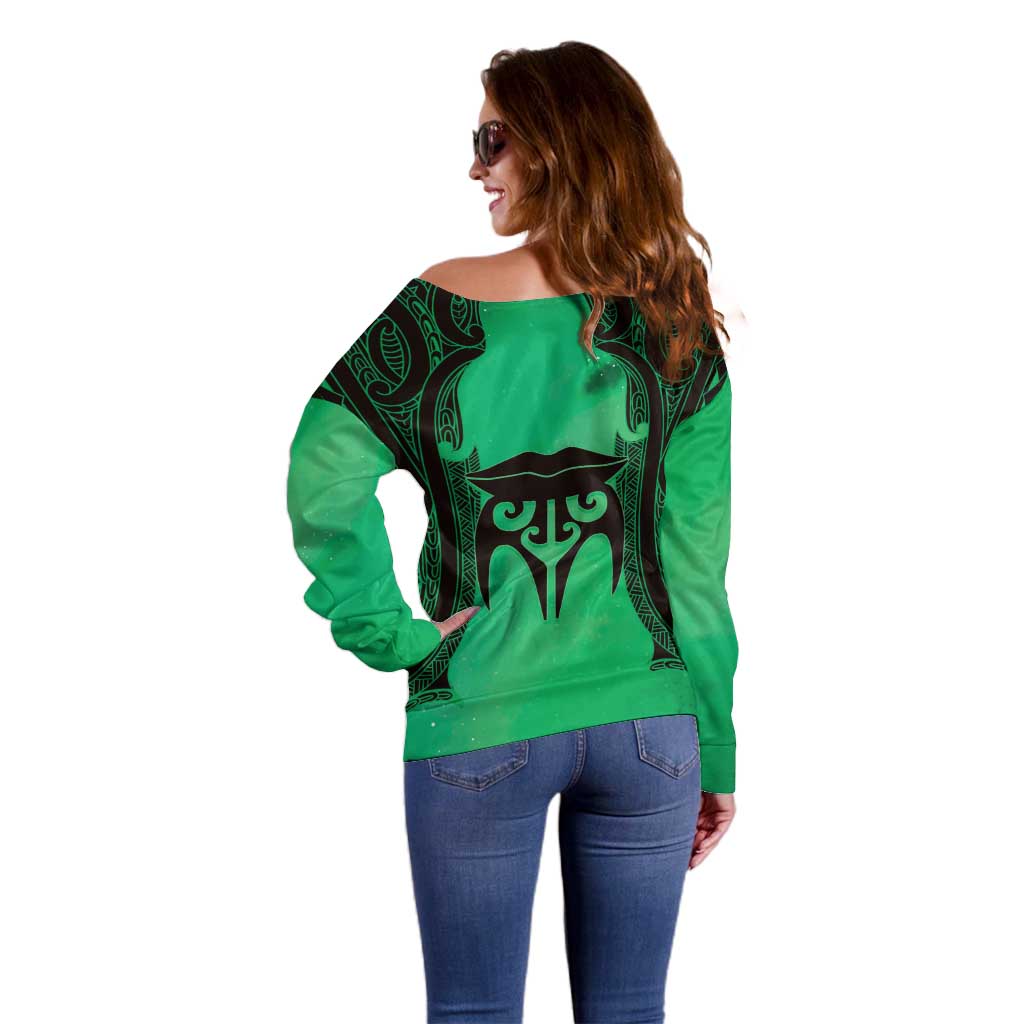 Personalised Moko Kauae New Zealand Off Shoulder Sweater Maori Chin Tattoo Green LT14 - Polynesian Pride