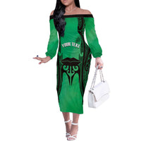 Personalised Moko Kauae New Zealand Off The Shoulder Long Sleeve Dress Maori Chin Tattoo Green LT14 Women Green - Polynesian Pride