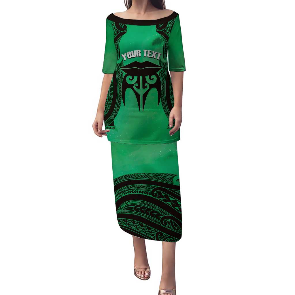 Personalised Moko Kauae New Zealand Puletasi Maori Chin Tattoo Green LT14 Long Dress Green - Polynesian Pride