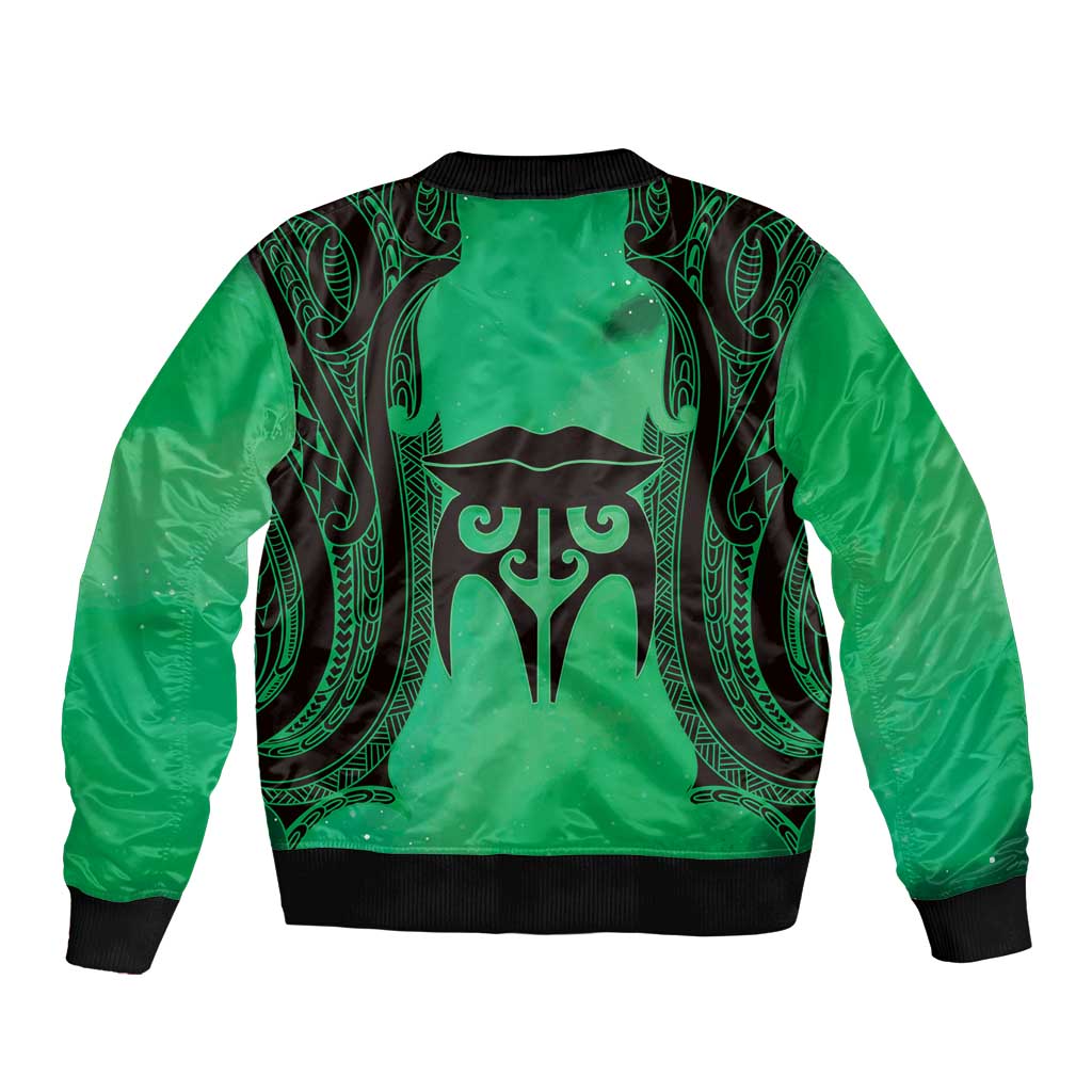 Personalised Moko Kauae New Zealand Sleeve Zip Bomber Jacket Maori Chin Tattoo Green LT14 - Polynesian Pride