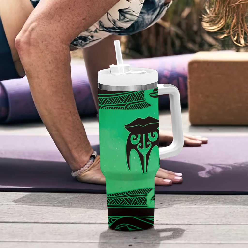 Personalised Moko Kauae New Zealand Tumbler With Handle Maori Chin Tattoo Green LT14 - Polynesian Pride