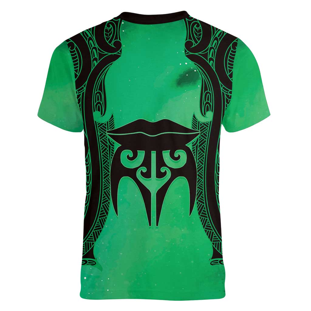 Personalised Moko Kauae New Zealand Women V-Neck T-Shirt Maori Chin Tattoo Green LT14 - Polynesian Pride
