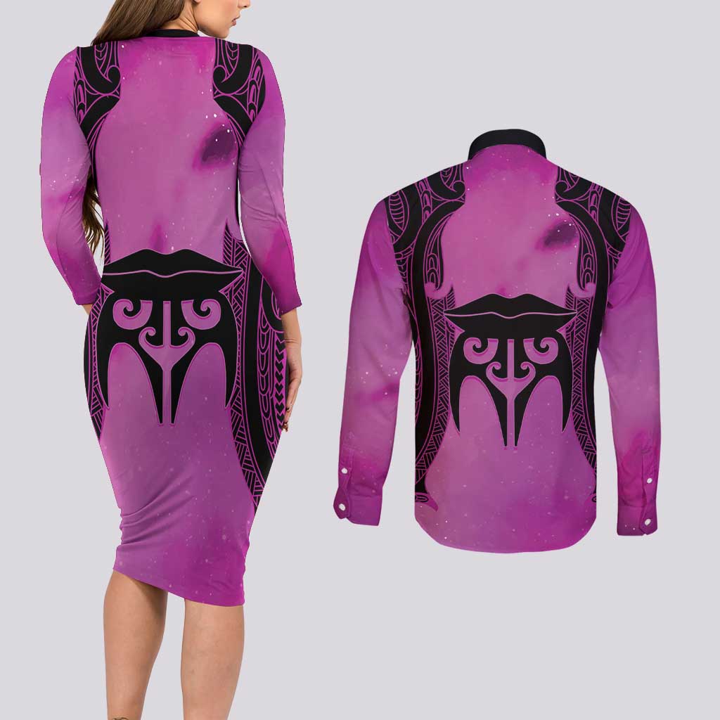 Personalised Moko Kauae New Zealand Couples Matching Long Sleeve Bodycon Dress and Long Sleeve Button Shirt Maori Chin Tattoo Pink LT14 - Polynesian Pride