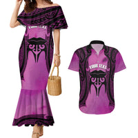 Personalised Moko Kauae New Zealand Couples Matching Mermaid Dress and Hawaiian Shirt Maori Chin Tattoo Pink LT14 Pink - Polynesian Pride
