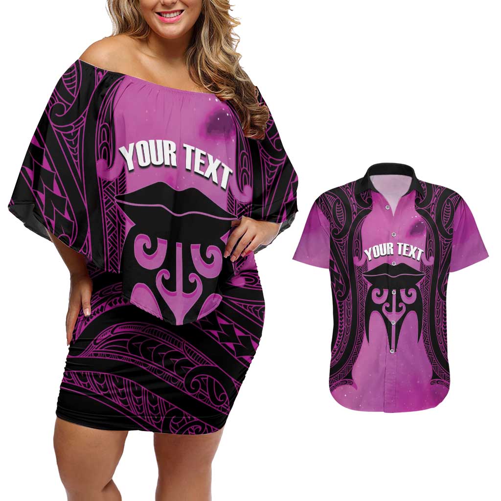 Personalised Moko Kauae New Zealand Couples Matching Off Shoulder Short Dress and Hawaiian Shirt Maori Chin Tattoo Pink LT14 Pink - Polynesian Pride