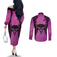 Personalised Moko Kauae New Zealand Couples Matching Off The Shoulder Long Sleeve Dress and Long Sleeve Button Shirt Maori Chin Tattoo Pink LT14 - Polynesian Pride