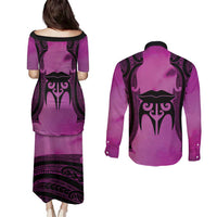 Personalised Moko Kauae New Zealand Couples Matching Puletasi and Long Sleeve Button Shirt Maori Chin Tattoo Pink LT14 - Polynesian Pride