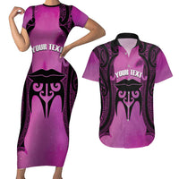 Personalised Moko Kauae New Zealand Couples Matching Short Sleeve Bodycon Dress and Hawaiian Shirt Maori Chin Tattoo Pink LT14 Pink - Polynesian Pride
