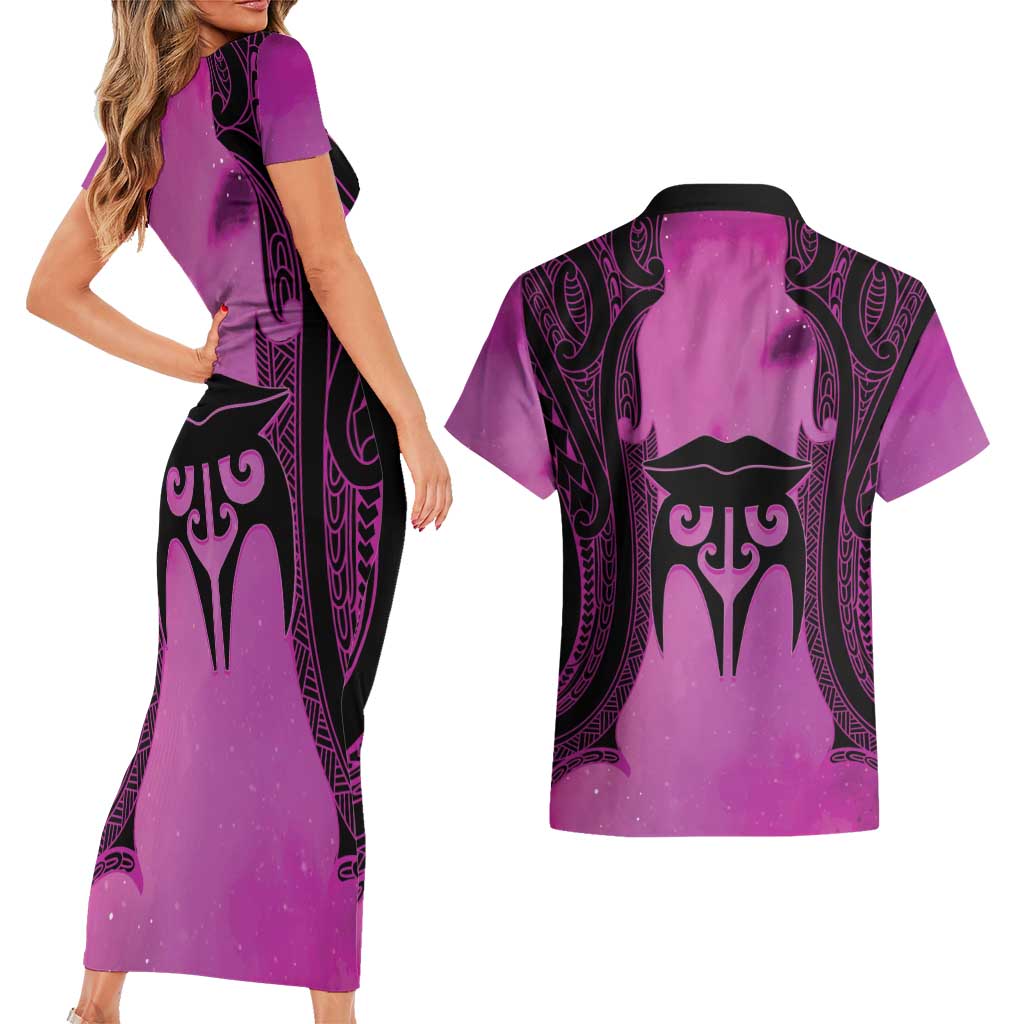 Personalised Moko Kauae New Zealand Couples Matching Short Sleeve Bodycon Dress and Hawaiian Shirt Maori Chin Tattoo Pink LT14 - Polynesian Pride