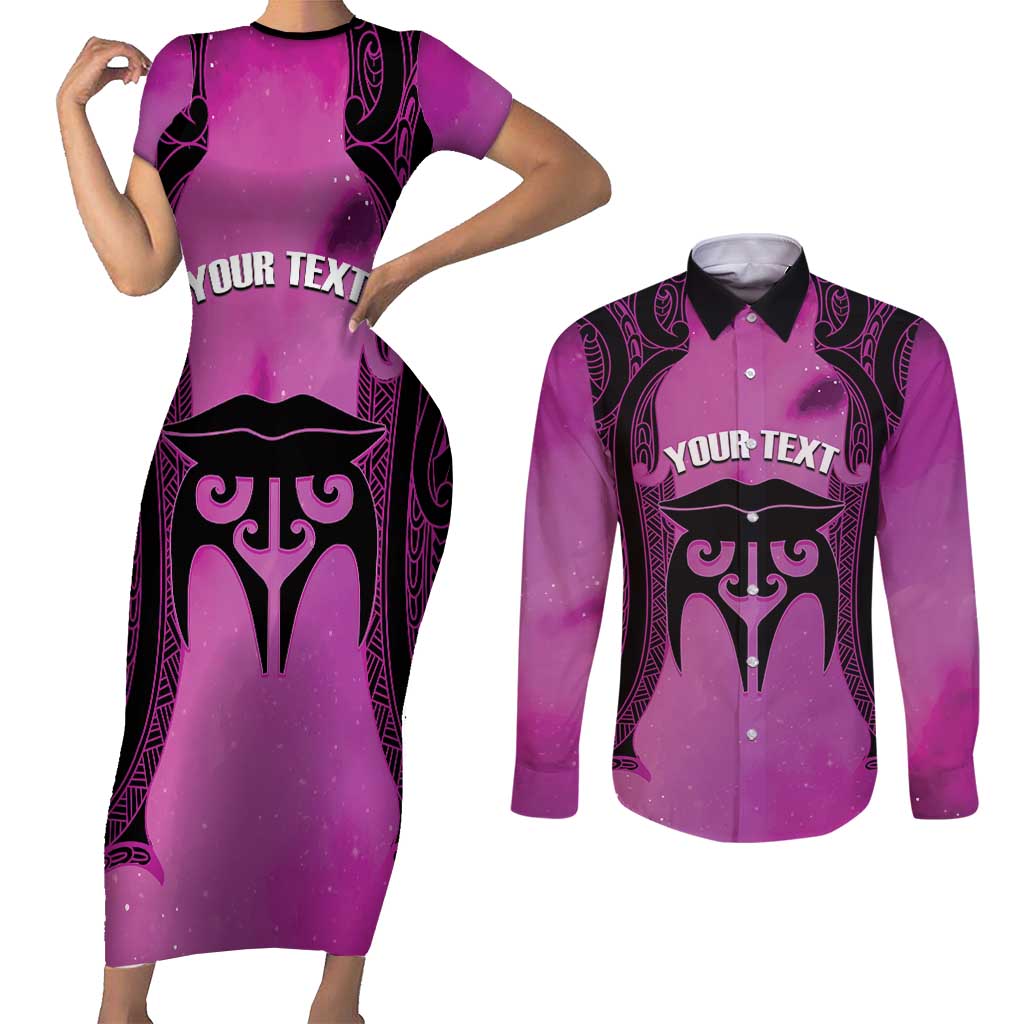 Personalised Moko Kauae New Zealand Couples Matching Short Sleeve Bodycon Dress and Long Sleeve Button Shirt Maori Chin Tattoo Pink LT14 Pink - Polynesian Pride