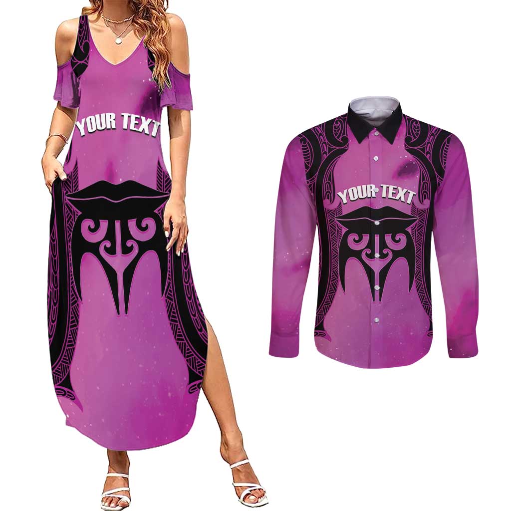 Personalised Moko Kauae New Zealand Couples Matching Summer Maxi Dress and Long Sleeve Button Shirt Maori Chin Tattoo Pink LT14 Pink - Polynesian Pride