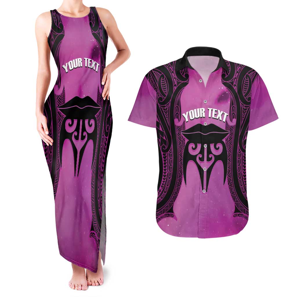 Personalised Moko Kauae New Zealand Couples Matching Tank Maxi Dress and Hawaiian Shirt Maori Chin Tattoo Pink LT14 Pink - Polynesian Pride