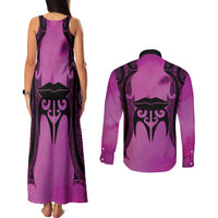 Personalised Moko Kauae New Zealand Couples Matching Tank Maxi Dress and Long Sleeve Button Shirt Maori Chin Tattoo Pink LT14 - Polynesian Pride