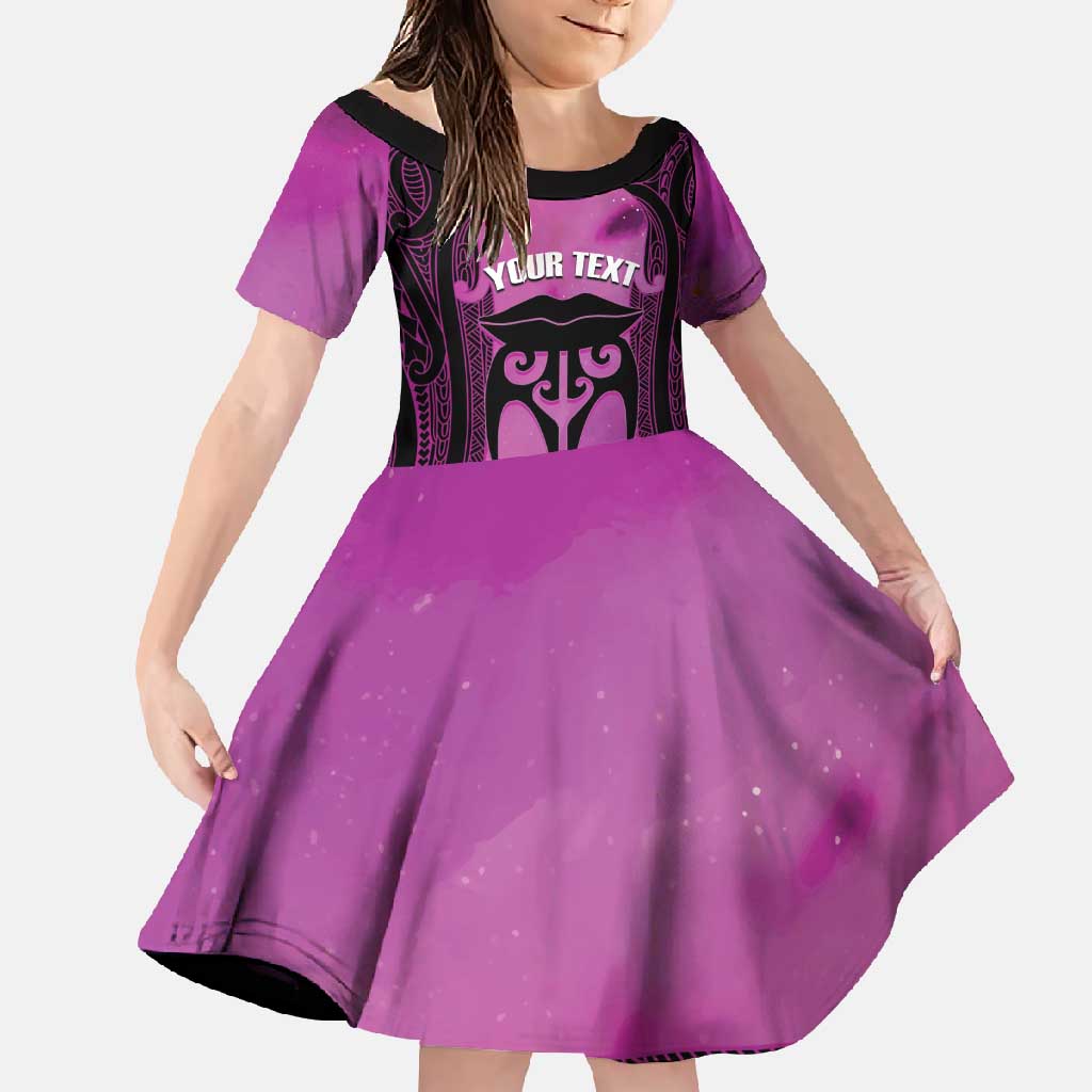 Personalised Moko Kauae New Zealand Family Matching Long Sleeve Bodycon Dress and Hawaiian Shirt Maori Chin Tattoo Pink LT14 Daughter's Dress Pink - Polynesian Pride