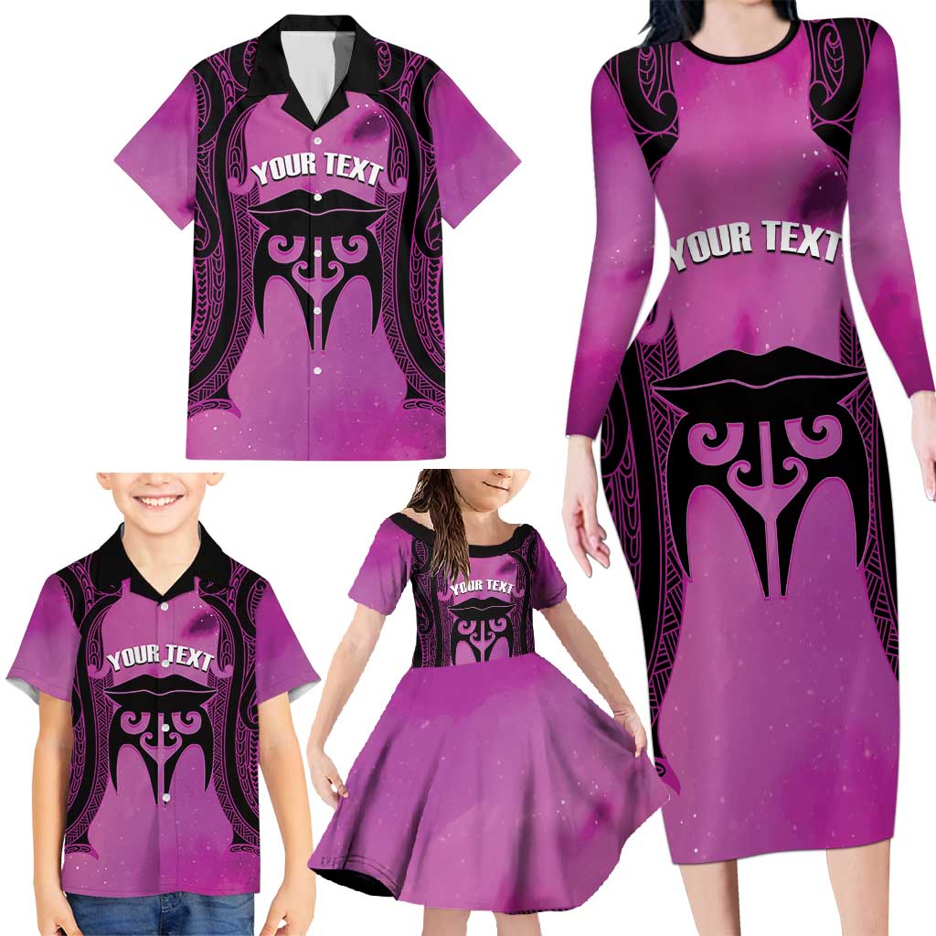 Personalised Moko Kauae New Zealand Family Matching Long Sleeve Bodycon Dress and Hawaiian Shirt Maori Chin Tattoo Pink LT14 - Polynesian Pride