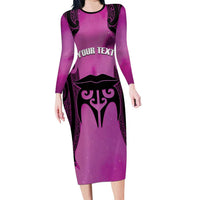 Personalised Moko Kauae New Zealand Family Matching Long Sleeve Bodycon Dress and Hawaiian Shirt Maori Chin Tattoo Pink LT14 Mom's Dress Pink - Polynesian Pride