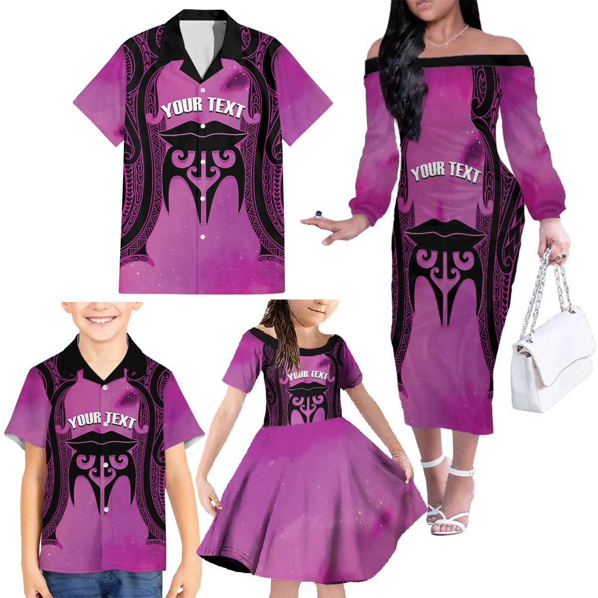 Personalised Moko Kauae New Zealand Family Matching Off The Shoulder Long Sleeve Dress and Hawaiian Shirt Maori Chin Tattoo Pink LT14 - Polynesian Pride