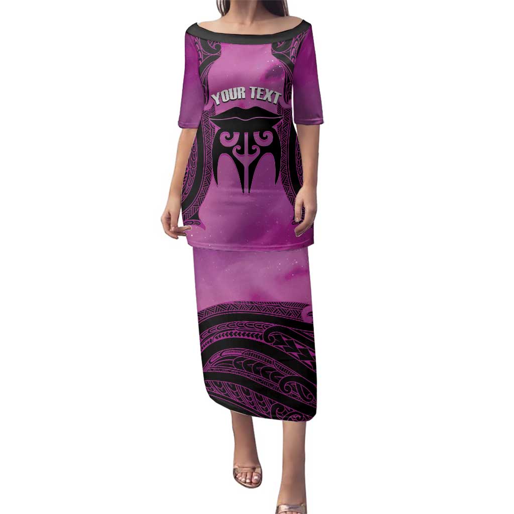 Personalised Moko Kauae New Zealand Family Matching Puletasi and Hawaiian Shirt Maori Chin Tattoo Pink LT14 Mom's Dress Pink - Polynesian Pride