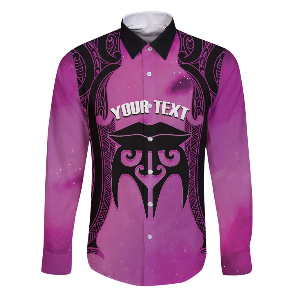 Personalised Moko Kauae New Zealand Family Matching Short Sleeve Bodycon Dress and Hawaiian Shirt Maori Chin Tattoo Pink LT14 Dad's Shirt - Long Sleeve Pink - Polynesian Pride