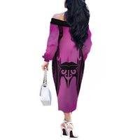 Personalised Moko Kauae New Zealand Off The Shoulder Long Sleeve Dress Maori Chin Tattoo Pink LT14 - Polynesian Pride
