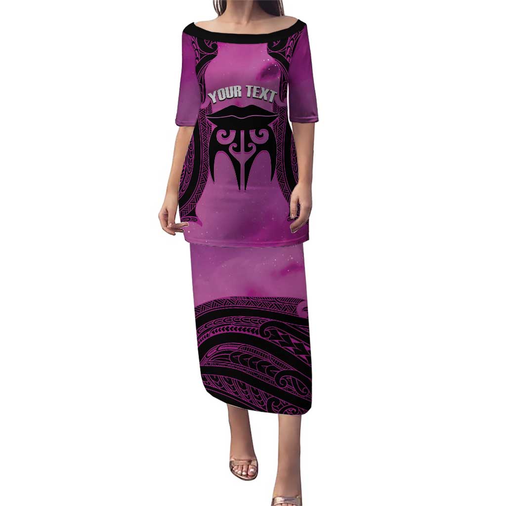 Personalised Moko Kauae New Zealand Puletasi Maori Chin Tattoo Pink LT14 Long Dress Pink - Polynesian Pride