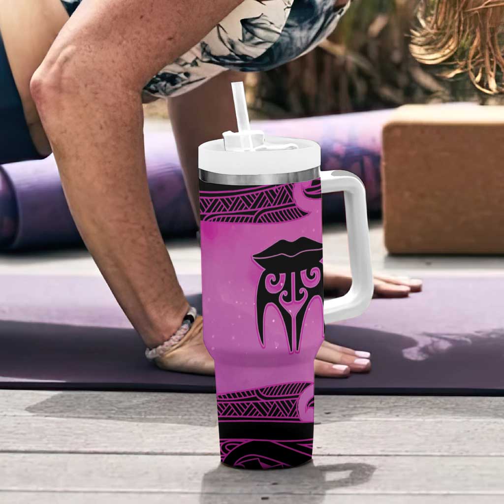 Personalised Moko Kauae New Zealand Tumbler With Handle Maori Chin Tattoo Pink LT14 - Polynesian Pride