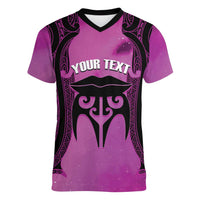 Personalised Moko Kauae New Zealand Women V-Neck T-Shirt Maori Chin Tattoo Pink LT14 Female Pink - Polynesian Pride
