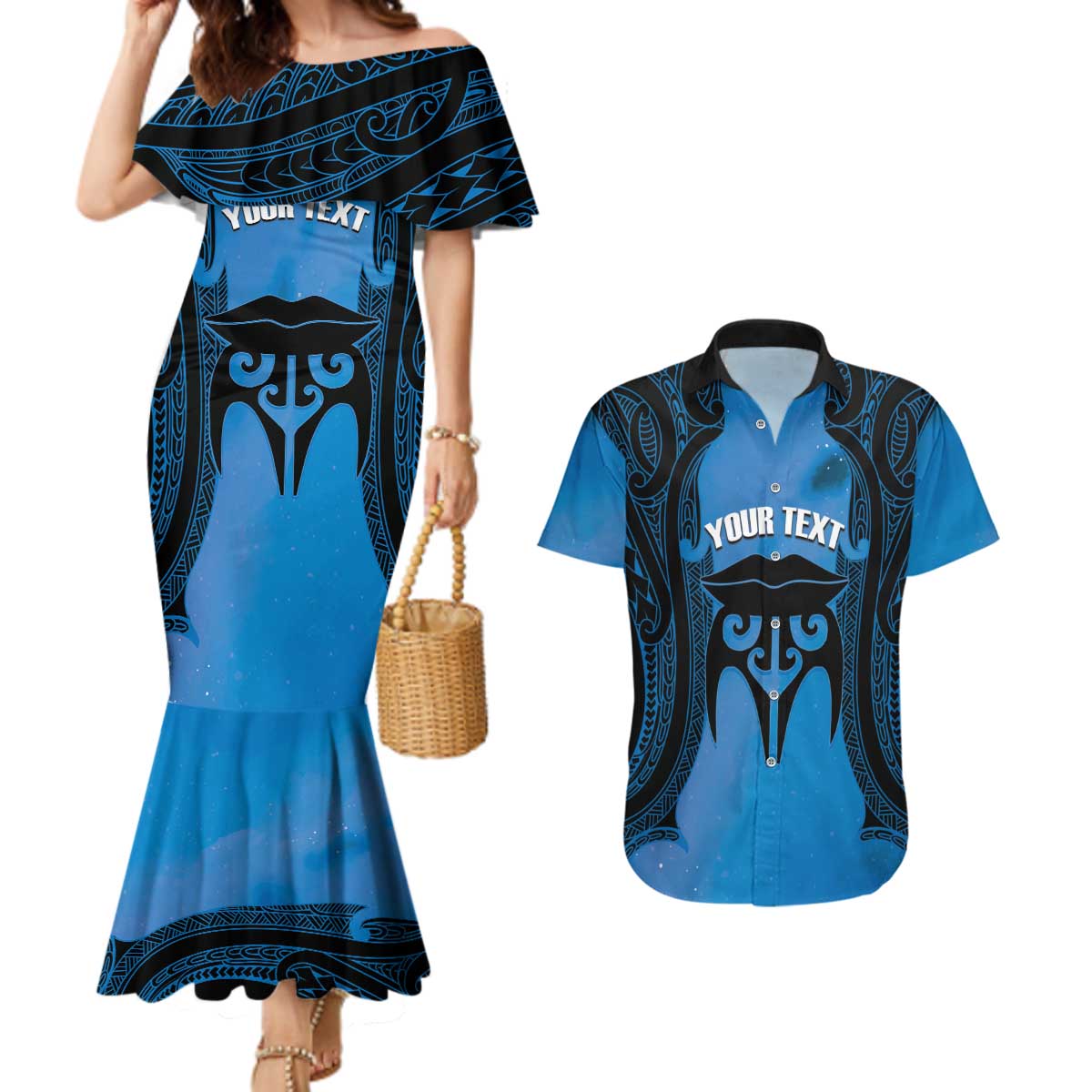 Personalised Moko Kauae New Zealand Couples Matching Mermaid Dress and Hawaiian Shirt Maori Chin Tattoo Blue LT14 Blue - Polynesian Pride
