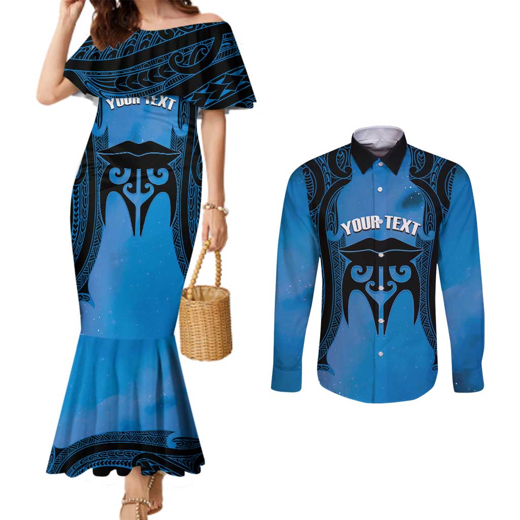 Personalised Moko Kauae New Zealand Couples Matching Mermaid Dress and Long Sleeve Button Shirt Maori Chin Tattoo Blue LT14 Blue - Polynesian Pride
