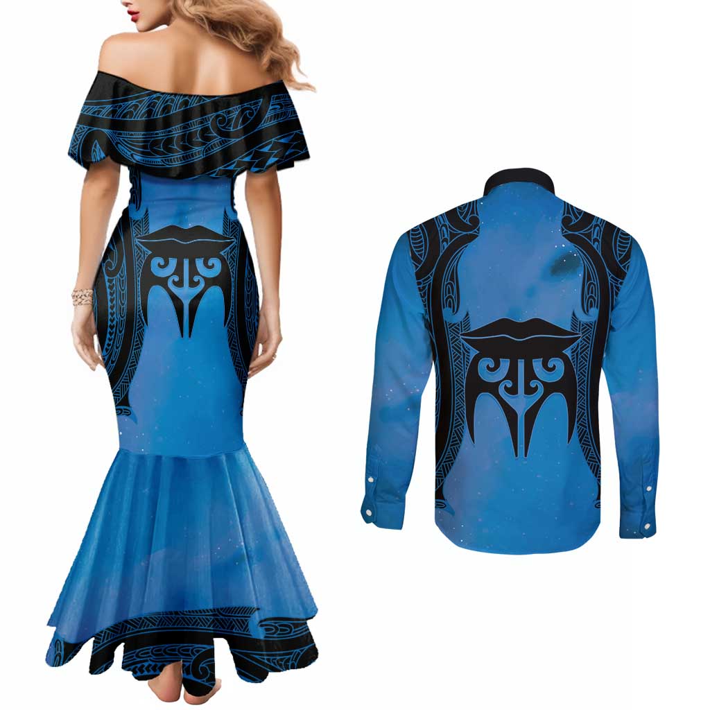 Personalised Moko Kauae New Zealand Couples Matching Mermaid Dress and Long Sleeve Button Shirt Maori Chin Tattoo Blue LT14 - Polynesian Pride