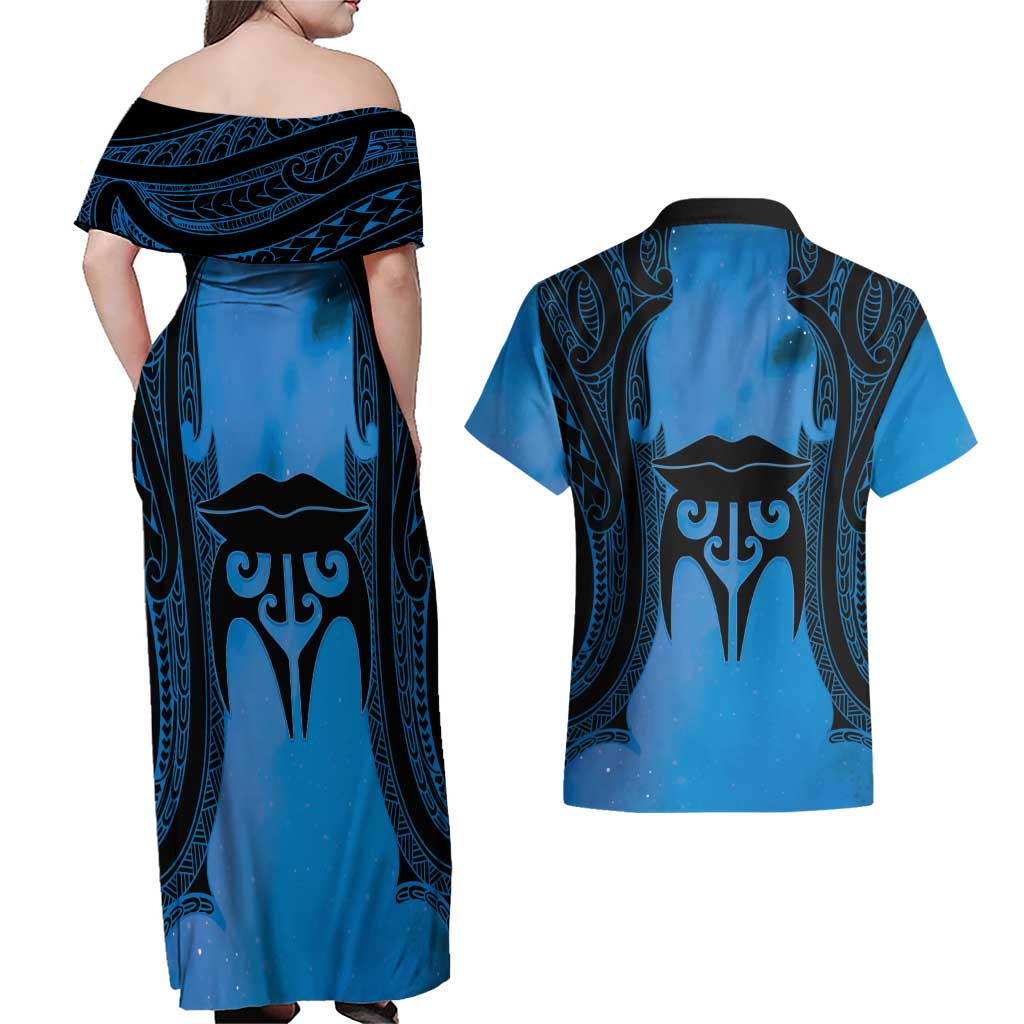 Personalised Moko Kauae New Zealand Couples Matching Off Shoulder Maxi Dress and Hawaiian Shirt Maori Chin Tattoo Blue LT14 - Polynesian Pride