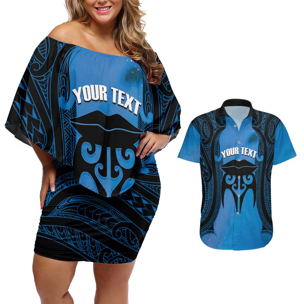 Personalised Moko Kauae New Zealand Couples Matching Off Shoulder Short Dress and Hawaiian Shirt Maori Chin Tattoo Blue LT14 Blue - Polynesian Pride