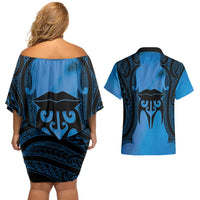 Personalised Moko Kauae New Zealand Couples Matching Off Shoulder Short Dress and Hawaiian Shirt Maori Chin Tattoo Blue LT14 - Polynesian Pride