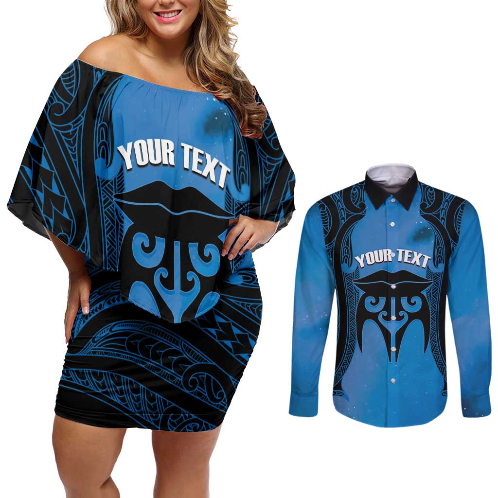 Personalised Moko Kauae New Zealand Couples Matching Off Shoulder Short Dress and Long Sleeve Button Shirt Maori Chin Tattoo Blue LT14 Blue - Polynesian Pride