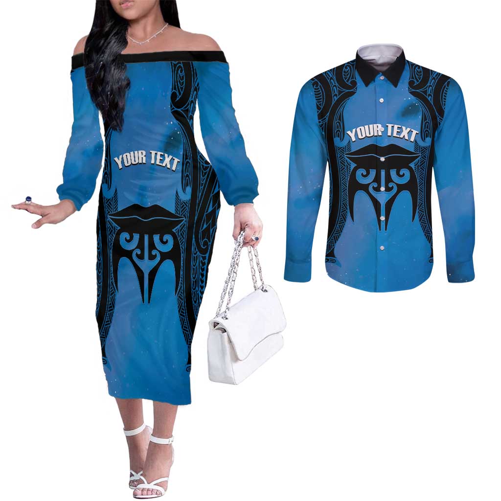 Personalised Moko Kauae New Zealand Couples Matching Off The Shoulder Long Sleeve Dress and Long Sleeve Button Shirt Maori Chin Tattoo Blue LT14 Blue - Polynesian Pride