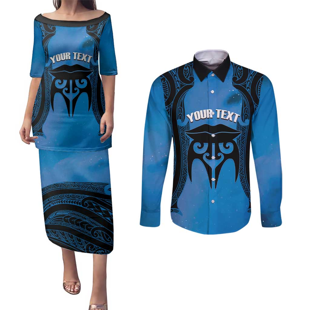 Personalised Moko Kauae New Zealand Couples Matching Puletasi and Long Sleeve Button Shirt Maori Chin Tattoo Blue LT14 Blue - Polynesian Pride