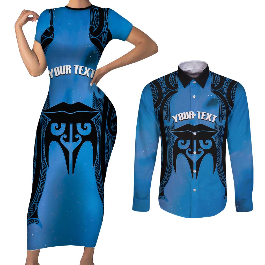 Personalised Moko Kauae New Zealand Couples Matching Short Sleeve Bodycon Dress and Long Sleeve Button Shirt Maori Chin Tattoo Blue LT14 Blue - Polynesian Pride